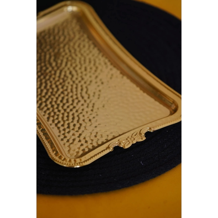 Cooker Dikdörtgen Dövme Desenli Gold Metal Sunum Tepsi 25x17 cm