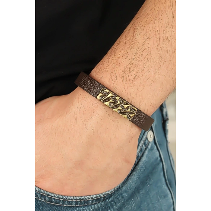 Eskitme Metal Şık Aksesuarlı Kahverengi Deri Erkek Bileklik