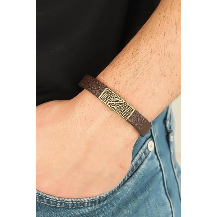 Eskitme Metal Zebra Aksesuarlı Kahverengi Deri Erkek Bileklik