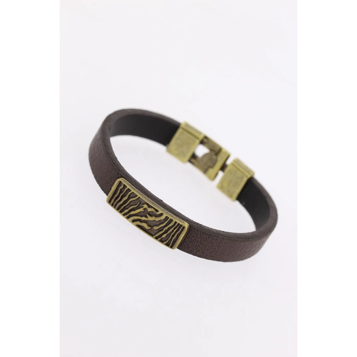 Eskitme Metal Zebra Aksesuarlı Kahverengi Deri Erkek Bileklik
