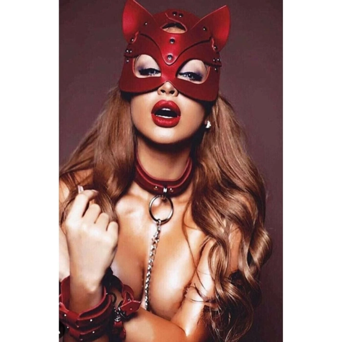 Kırmızı Maske Tasma Ve Bacak Kelepce Sexy Set