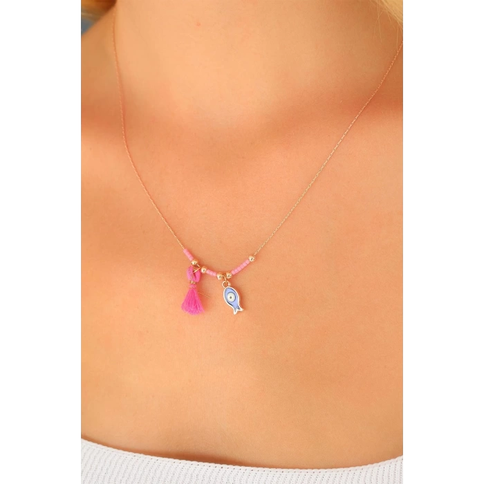 Nazar Boncuklu Pembe Renk Taşlı Rose Bayan Kolye