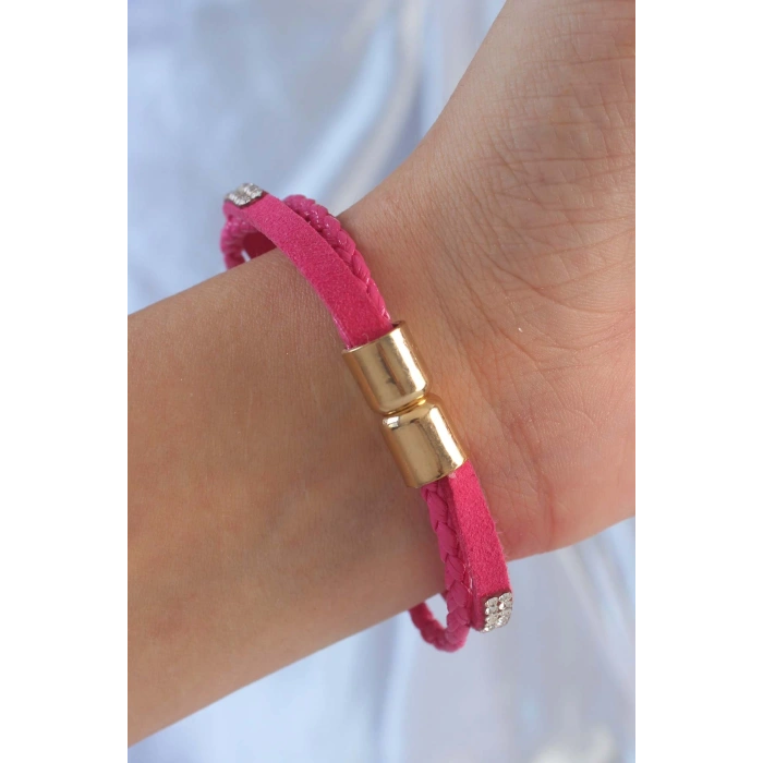 Pembe Renk Zirkon Taşlı Deri Çoklu Bileklik