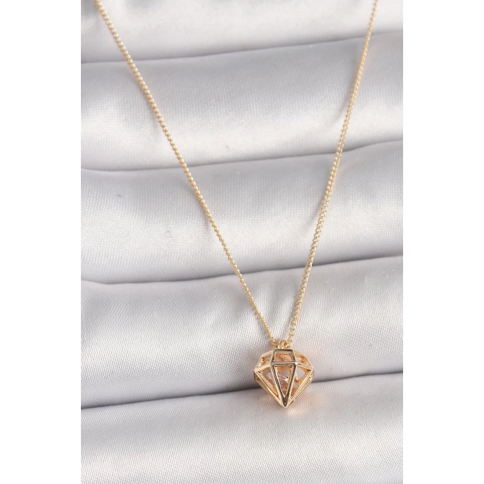 Pirinç Gold Renk 3D Zirkon Taşlı Elmas Model Kadın Kolye