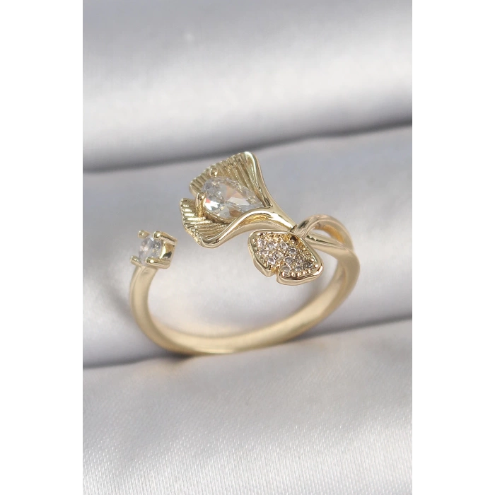 Pirinç Gold Renk Zirkon Taşlı Deniz Kabuğu Model Ayarlanabilir Kadın Yüzük