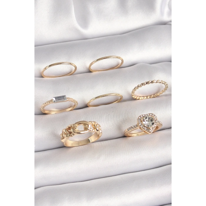 Pirinç Gold Renk Zirkon Taşlı Kalp Figür Düğüm Detay Kadın Yüzük Kombini