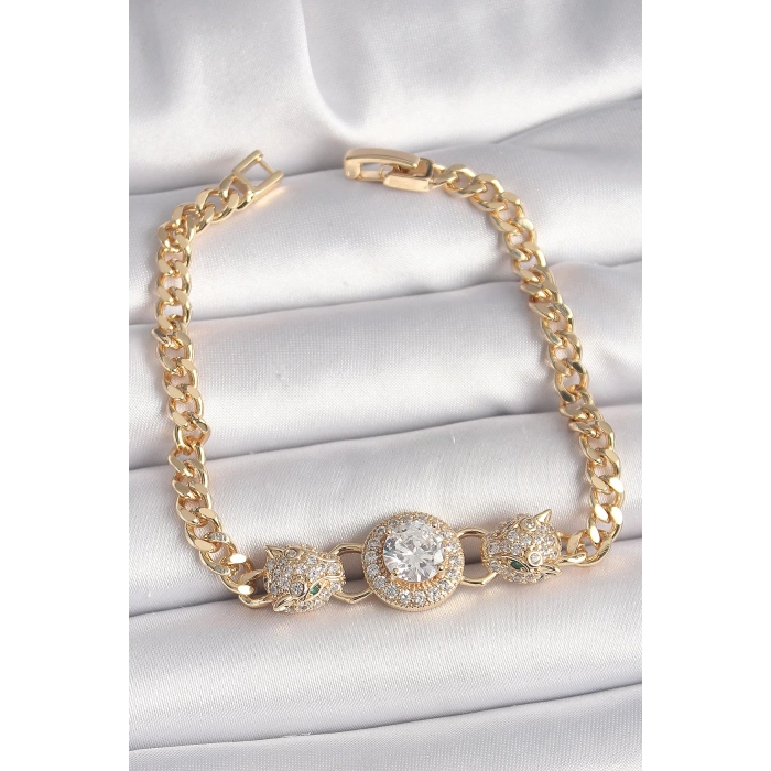 Pirinç Gold Renk Zirkon Taşlı Leopar Figür Zincir Model Kadın Bileklik