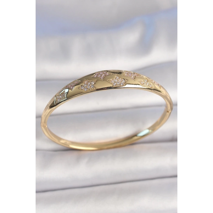 Pirinç Gold Renk Zirkon Taşlı Yıldız İşlemeli Kadın Kelepçe