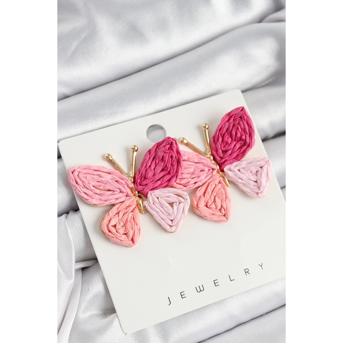 Pirinç Pembe Kelebek Model Gold Renk Kadın Hasır Küpe