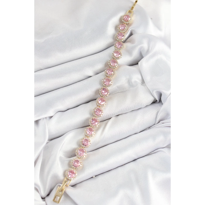 Pirinç Pembe Zirkon Taşlı Daire Baget Model Gold Renk VIP Seri Kadın Bileklik