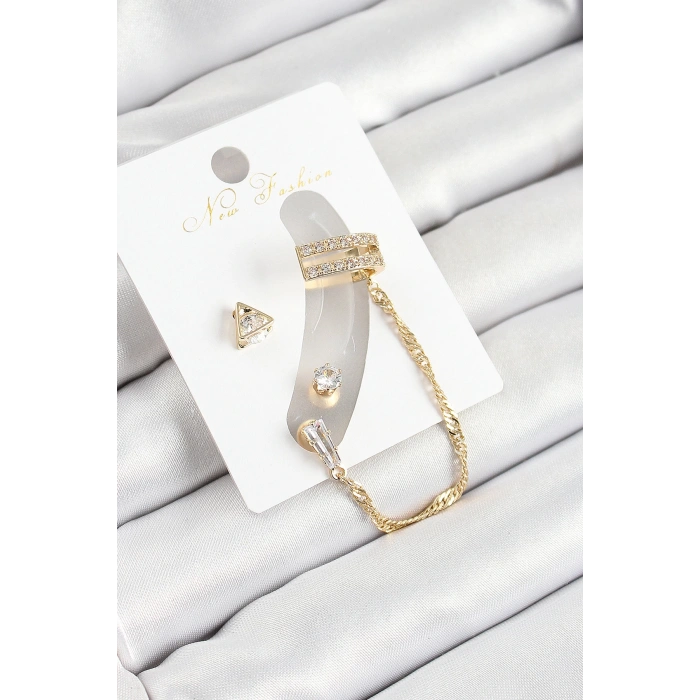 Pirinç Üçgen Figürlü Zirkon Taşlı Gold Renk 3lü Kıkırdak Kadın Küpe Set