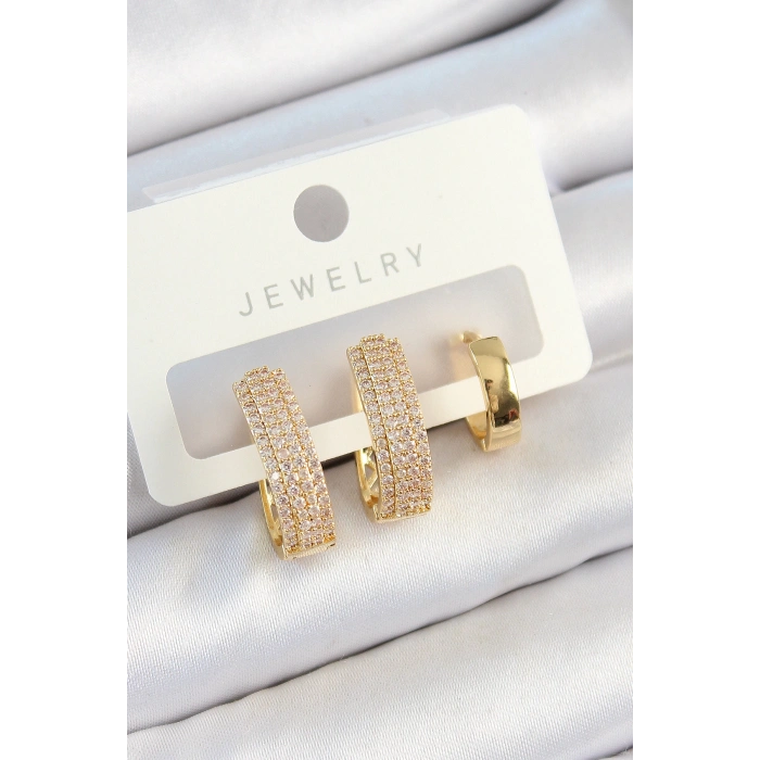 Pirinç Zirkon Taşlı Damla Model Gold Renk 3lü Çift Kadın Küpe Set