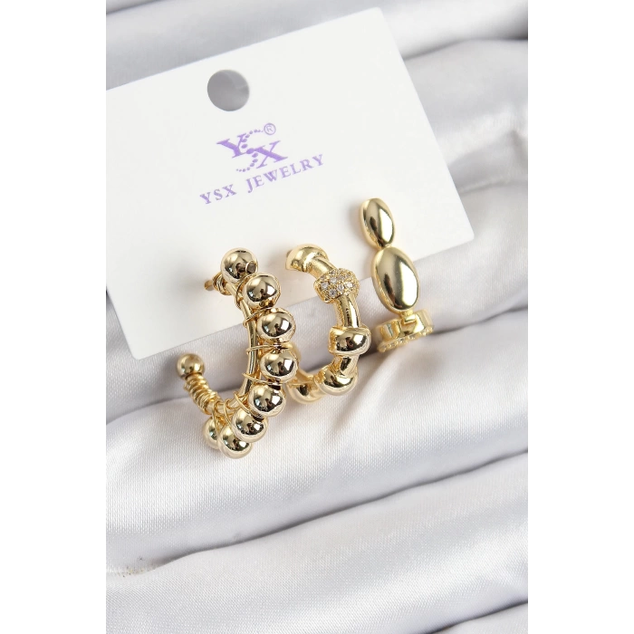 Pirinç Zİrkon Taşlı Halka Model Gold Renk 3lü Kadın Küpe