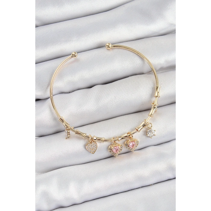 Pirinç Zirkon Taşlı Pembe Kalp Model Gold Renk Charm Bileklik