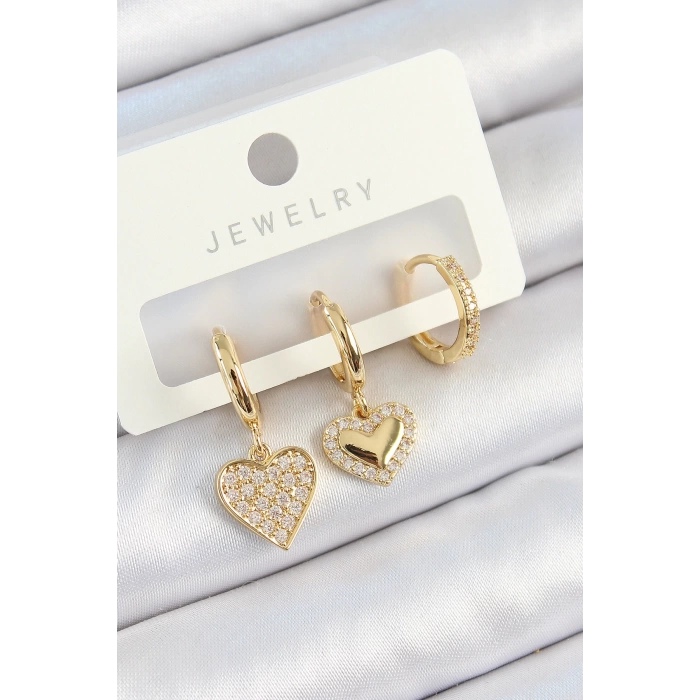 Pirinç Zirkon Taşlı Sallantılı Kalp Model Gold Renk 3lü Çift Kadın Küpe Set