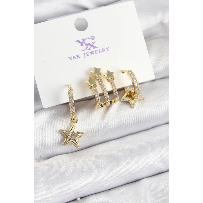 Pirinç Zİrkon Taşlı Sallantılı Yıldız Model Gold Renk 3lü Kadın Küpe