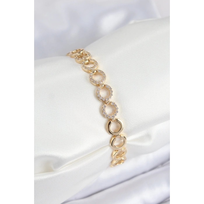 Pirinç Zirkon Taşlı Sıralı Halka Model Gold Renk Kadın Bileklik