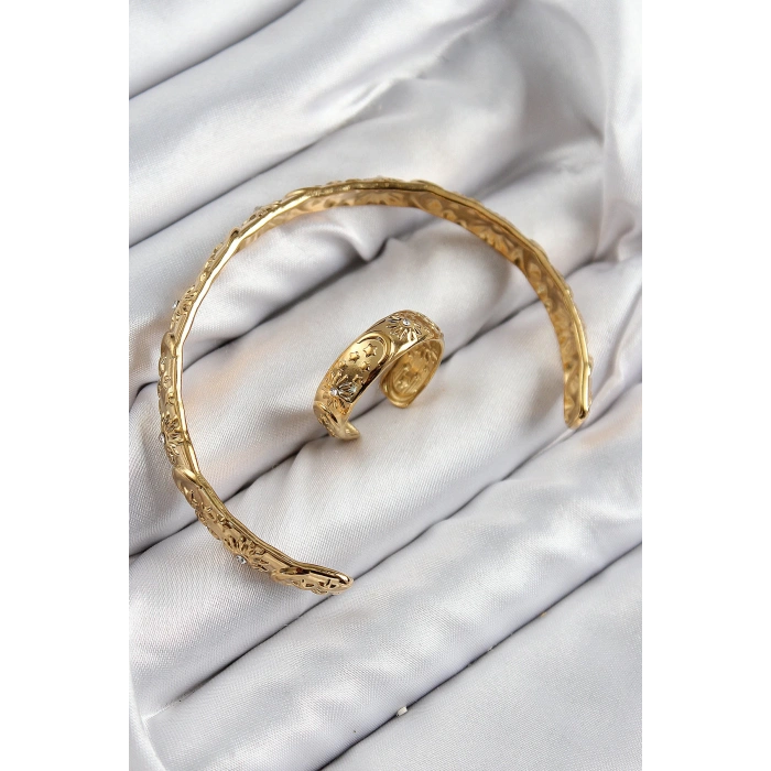 Pirinç Zirkon Taşlı Vintage Model Gold Renk Bileklik Yüzük Set