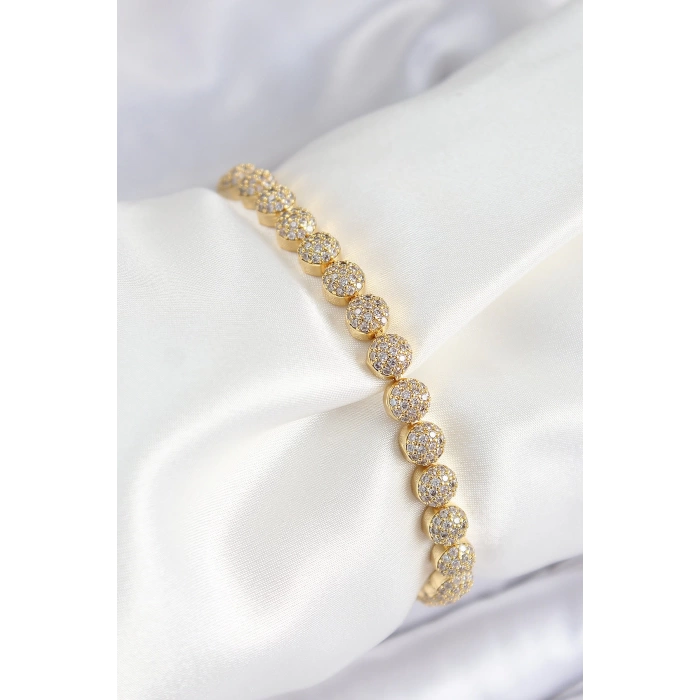 Pirinç Zirkon Taşlı Yarım Topcuk Model Gold Renk VIP Seri Kadın Bileklik