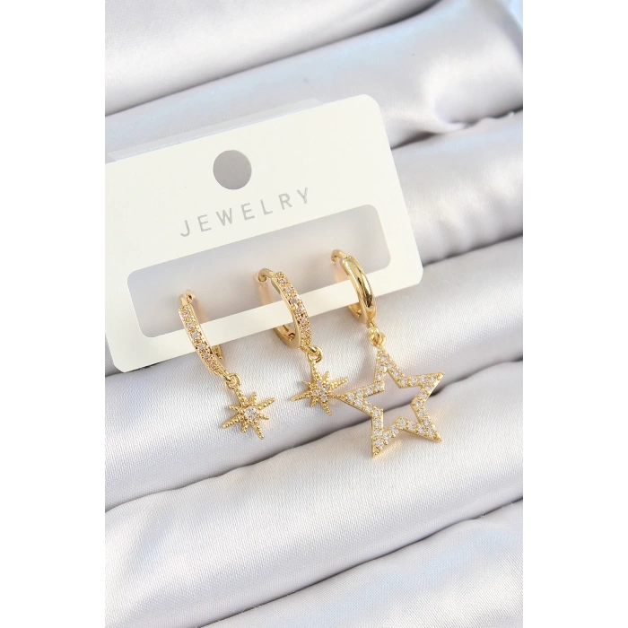 Pirinç Zirkon Taşlı Yıldız Model Gold Renk 3lü Çift Kadın Küpe Set