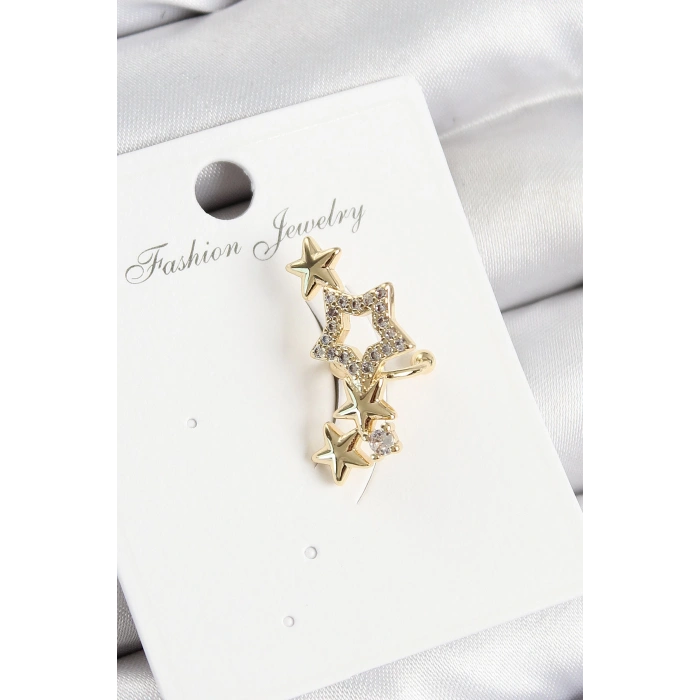 Pirinç Zirkon Taşlı Yıldız Model Gold Renk Sağ Kıkırdak Küpe
