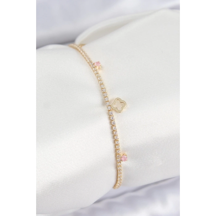 Pirinç Zirkon Taşlı Yonca Model Gold Renk Kadın Bilekilk