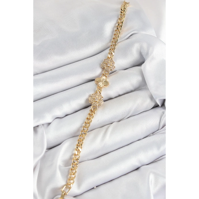 Pirinç Zirkon Taşlı Yonca Model Gold Renk Kadın Bileklik