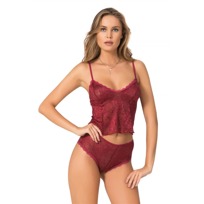 Sana Ne Lazımdı Bordo Jakarlı Babydoll Şort Takımı