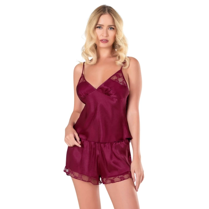 Sana Ne Lazımdı Bordo Saten Babydoll Şort Takımı
