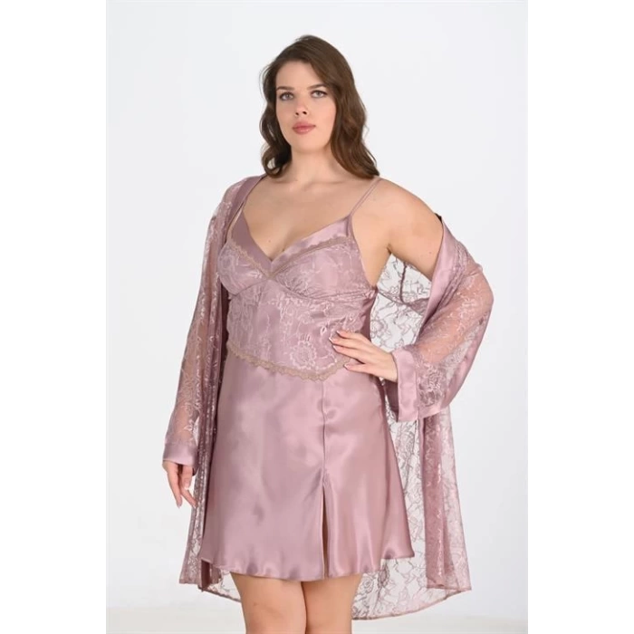 Sana Ne Lazımdı Büyük Beden 2li Vizon Sabahlık Takımı Bigsize 6205