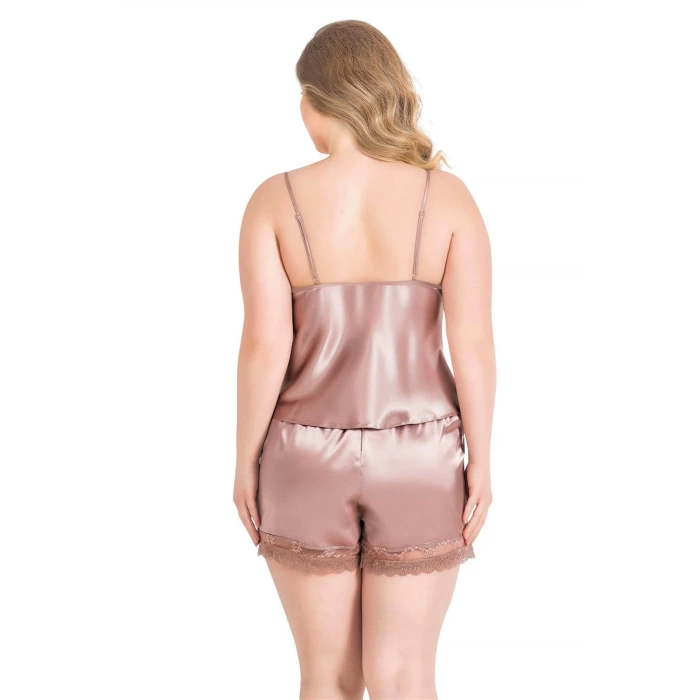 Sana Ne Lazımdı Büyük Beden Vizon Saten Babydoll Şort Takımı