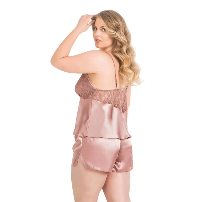 Sana Ne Lazımdı Büyük Beden Vizon Saten Babydoll Şort Takımı