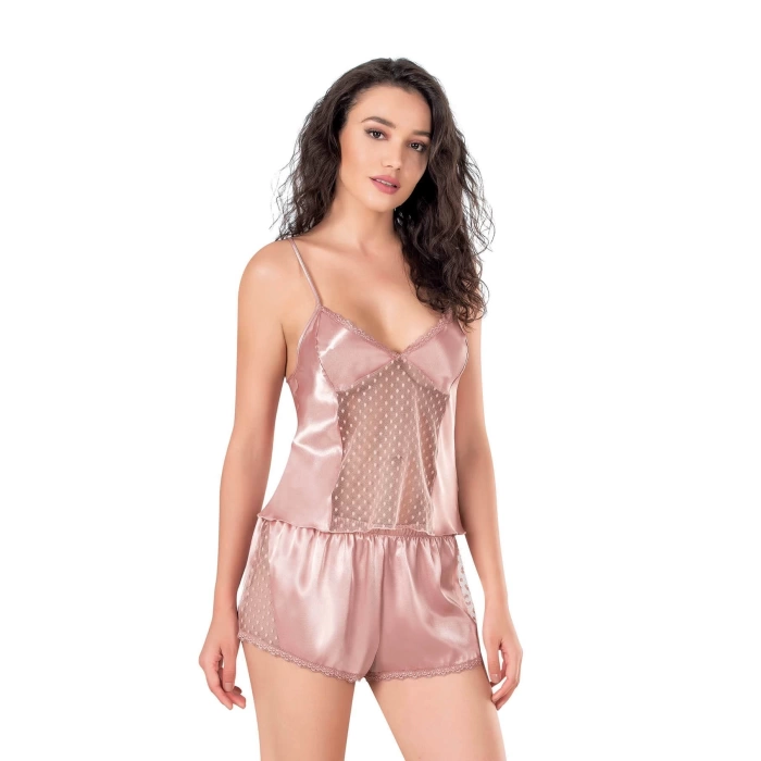 Sana Ne Lazımdı Koyu Pudra Saten Babydoll Şort Takımı