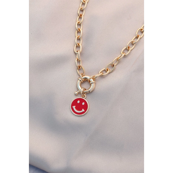 Yeni Sezon Kırmızı Renk Smile Model Retro Gold Metal Kolye