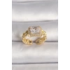 Pirinç Gold Renk Zincir Model Kare Zirkon Taşlı Kadın Yüzük