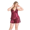 Sana Ne Lazımdı Büyük Beden Bordo Saten Babydoll Şort TakımI