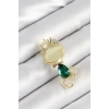 Yeşil Damla Zirkon Taşlı Kraliçe Taçlı Kedi Figürlü Gold Renk Kadın Broş