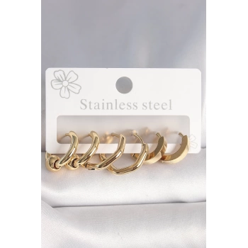 316L Çelik Gold Renk Altıgen Halka Model Kadın Küpe Seti