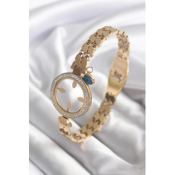 316L Çelik Gold Renk Arpa Model Zirkon Taş Detay Çeyrek Altın Takılabilir Kadın Kelepçe
