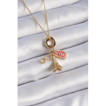 316L Çelik Gold Renk Eyfel Kulesi Fotoğraf Makinesi Figür Charm Model Kadın Kolye