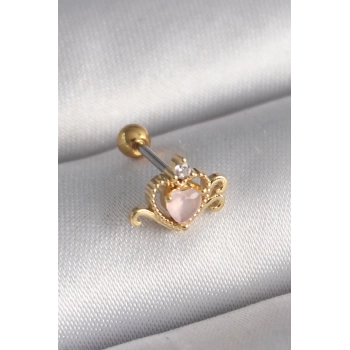 316L Çelik Gold Renk Pembe Mineli Kalp Zirkon Taş Detay Tragus Piercing