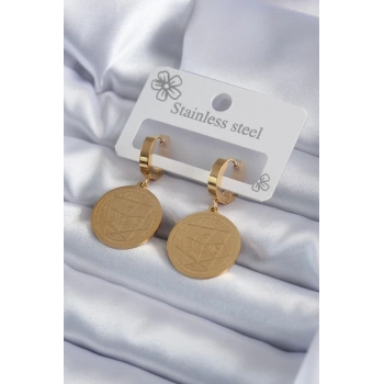 316L Çelik Gold Renk Pentagram İşleme Model Kadın Küpe