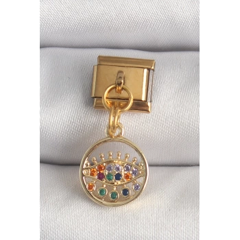 316L Çelik Gold Renk Sallantı Renkli Zirkon Taşlı Göz Model Nomination Charm
