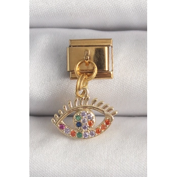 316L Çelik Gold Renk Sallantı Renkli Zirkon Taşlı Göz Model Nomination Charm