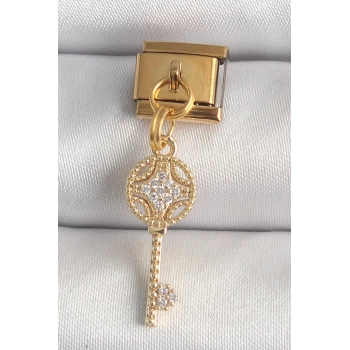 316L Çelik Gold Renk Sallantı Zirkon Taşlı Anahtar Model Nomination Charm