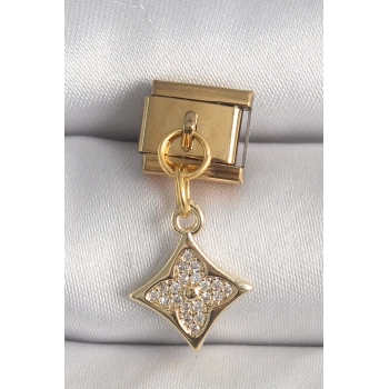 316L Çelik Gold Renk Sallantı Zirkon Taşlı Çiçek İşlemeli Nomination Charm