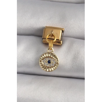 316L Çelik Gold Renk Sallantı Zirkon Taşlı Göz Model Nomination Charm