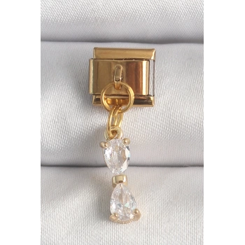 316L Çelik Gold Renk Sallantı Zirkon Taşlı Kurdele Model Nomination Charm
