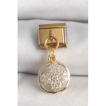 316L Çelik Gold Renk Sallantı Zirkon Taşlı Yonca Model Nomination Charm