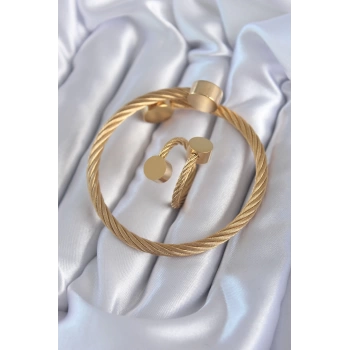 316L Çelik Gold Renk Sarmal Model Erkek Bileklik Yüzük Kombini